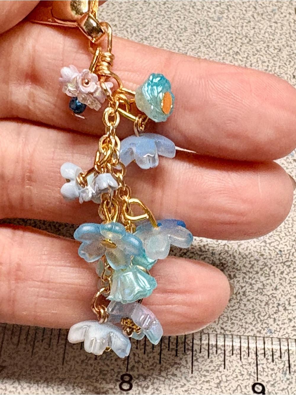 Blue purse  Dangle- bag Charm, floral - Gold Chain-handcrafted
